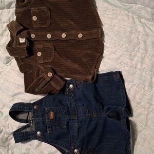 Lee Kids Blue Denim Overalls and Green Shirt.